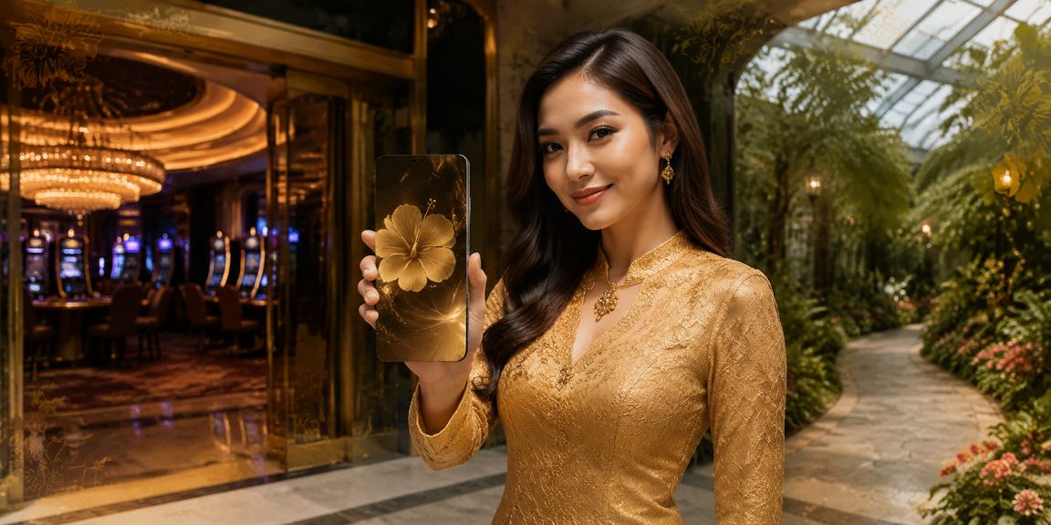Woman in kebaya using the 335i mobile casino app to play popular games